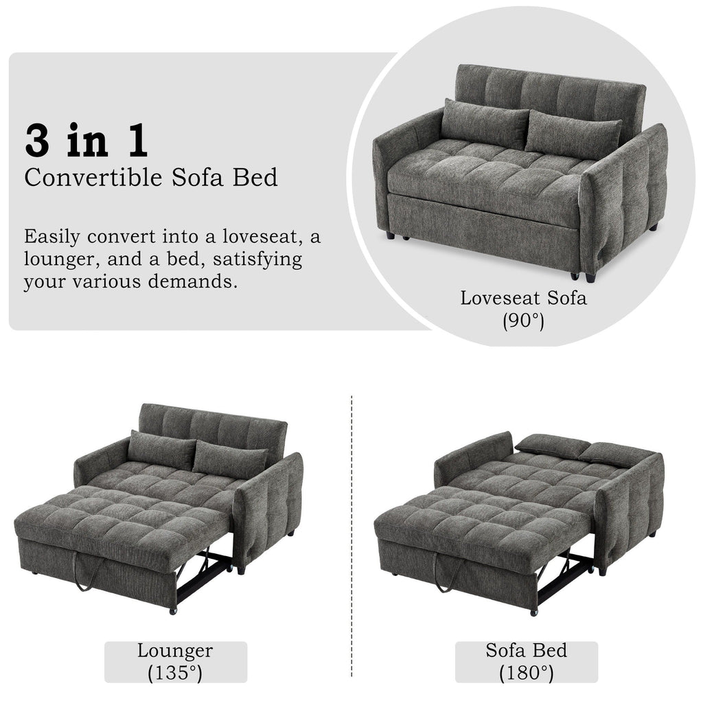 Loveseat Sofa Pull-Out Bed With Adjustable Backrest, 3 USB Ports And 2 Lumbar Pillows For Living Room
