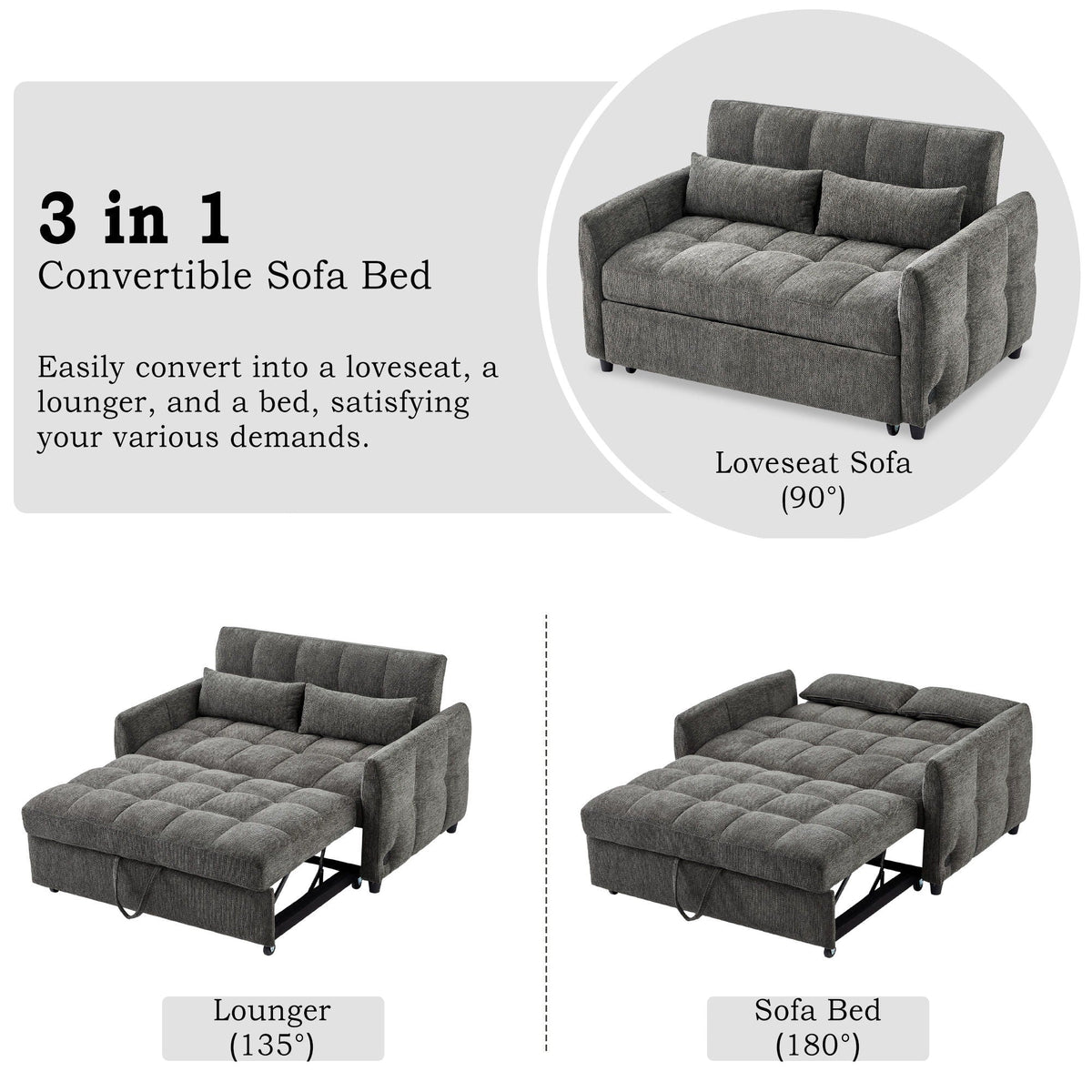 Loveseat Sofa Pull-Out Bed With Adjustable Backrest, 3 USB Ports And 2 Lumbar Pillows For Living Room