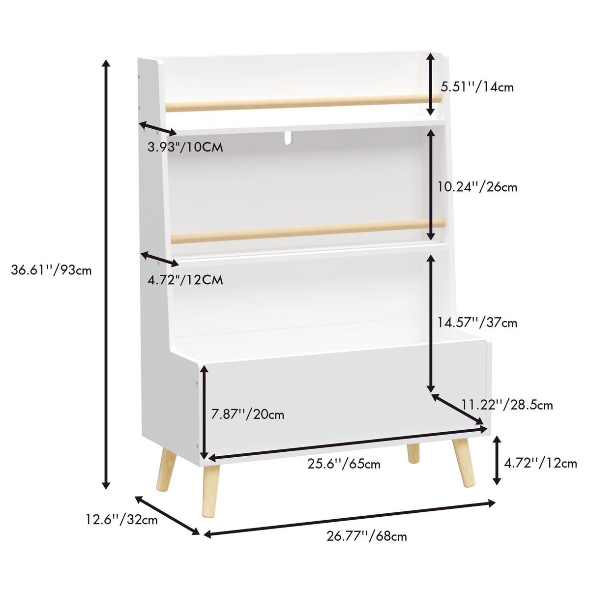 Bookshelf, Book Organizer With Toy Storage - White