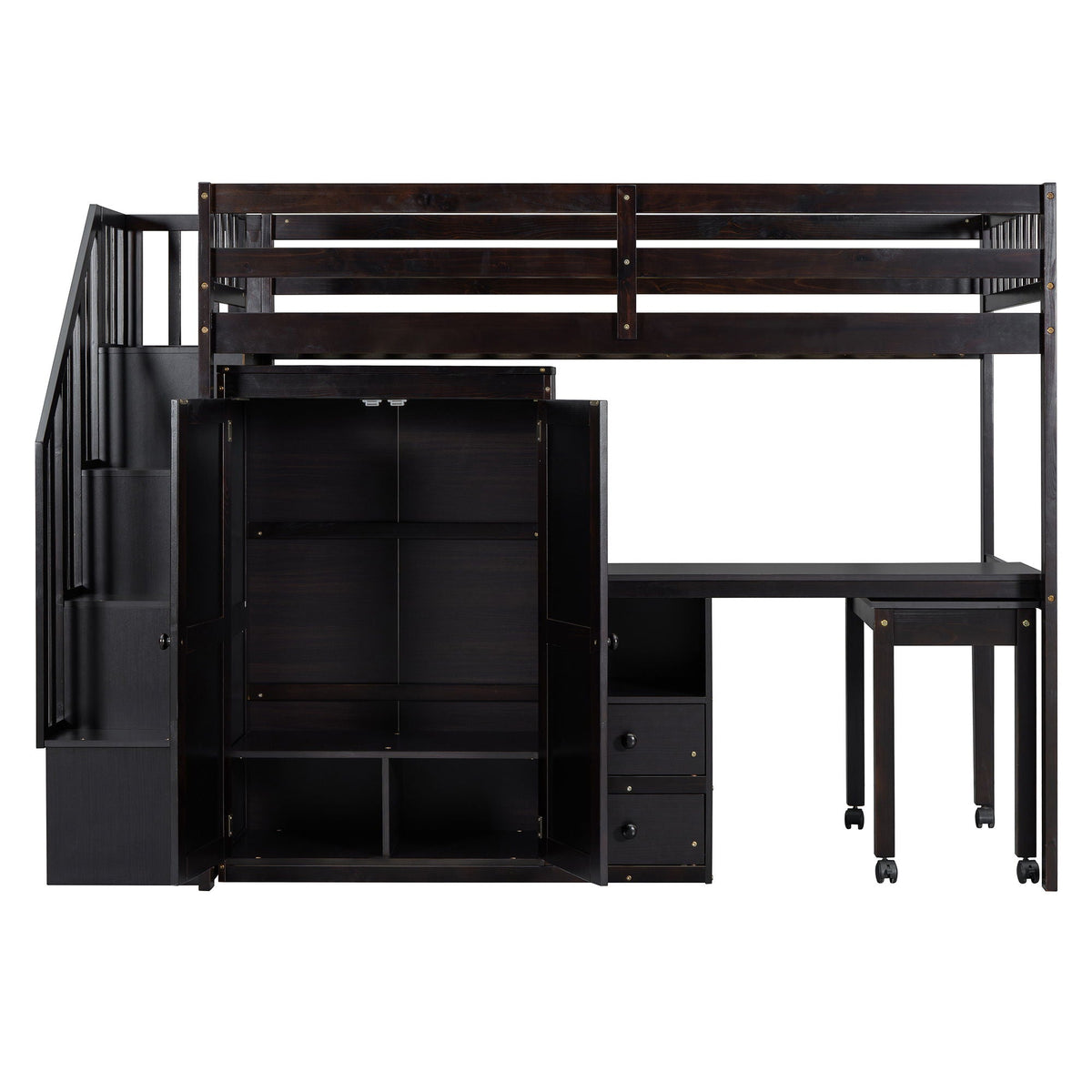 Loft Bed With Stairs, Bookshelf, Drawers, Desk & Wardrobe, Space Saving Multifunctional Furniture