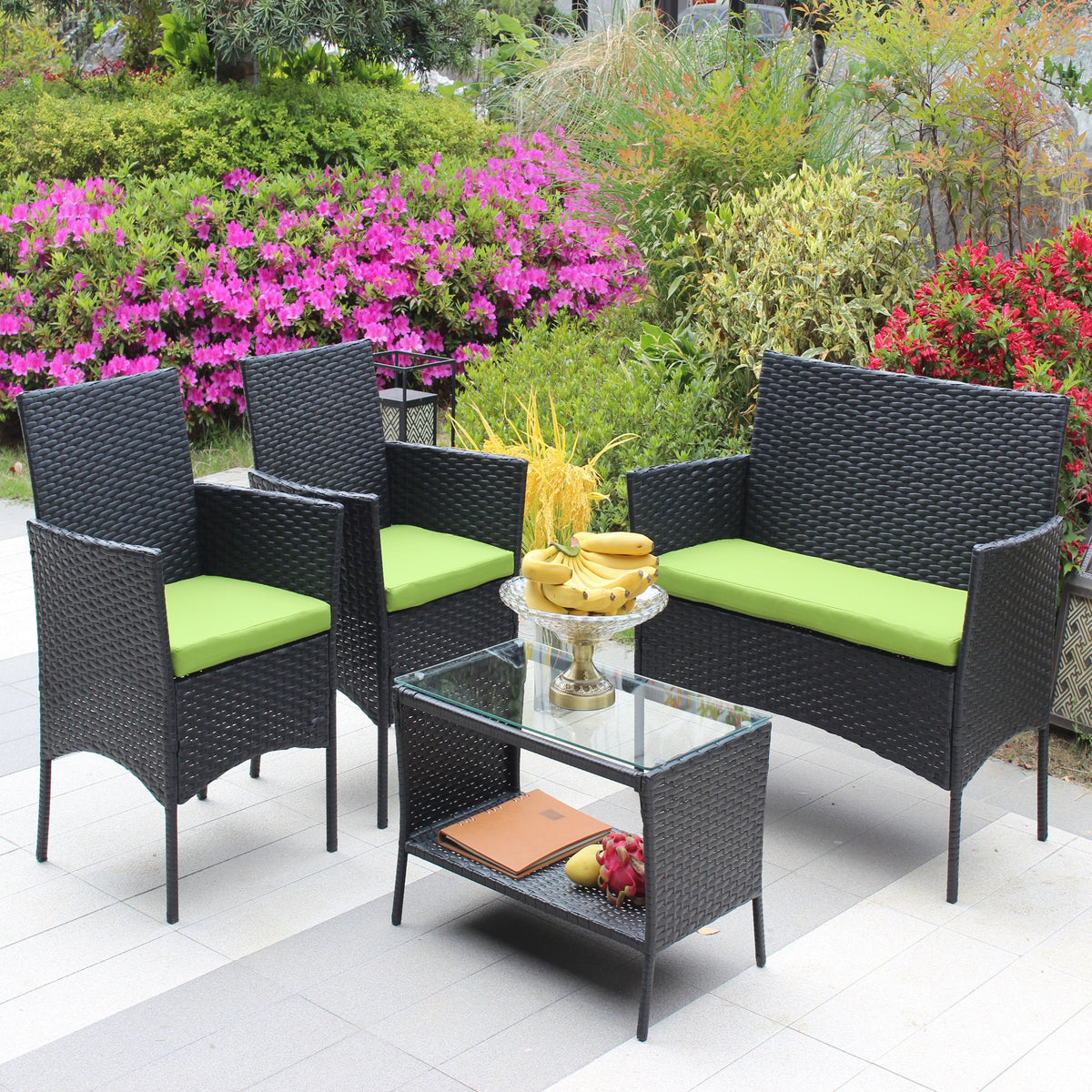 4 PC Rattan Patio Furniture Set Outdoor Cushioned Wicker Sofa Green Cushion