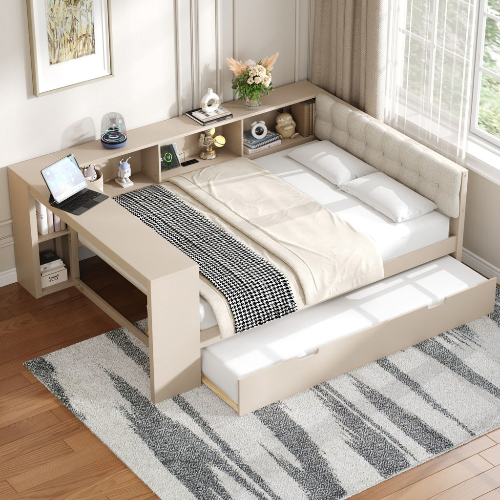 Upholstered Headboard Platform Bed with Storage Shelves, Trundle, and Charging Station