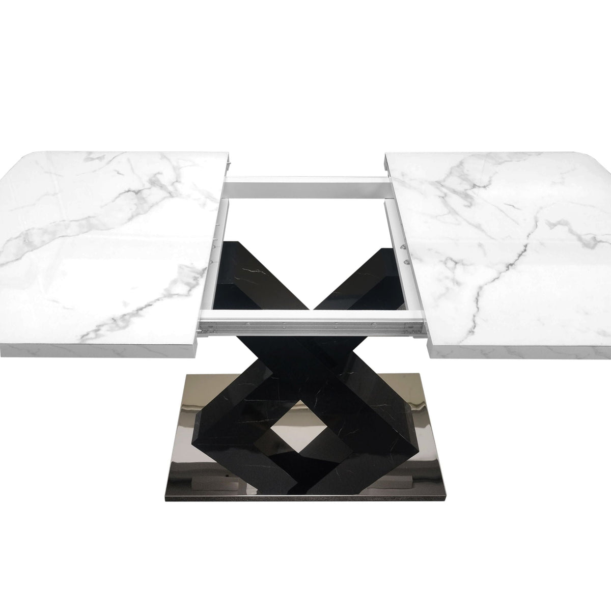 Rectangle Dining Table With Stretchable Top, X Shape Mdf Legs With Steel Base - White / Black