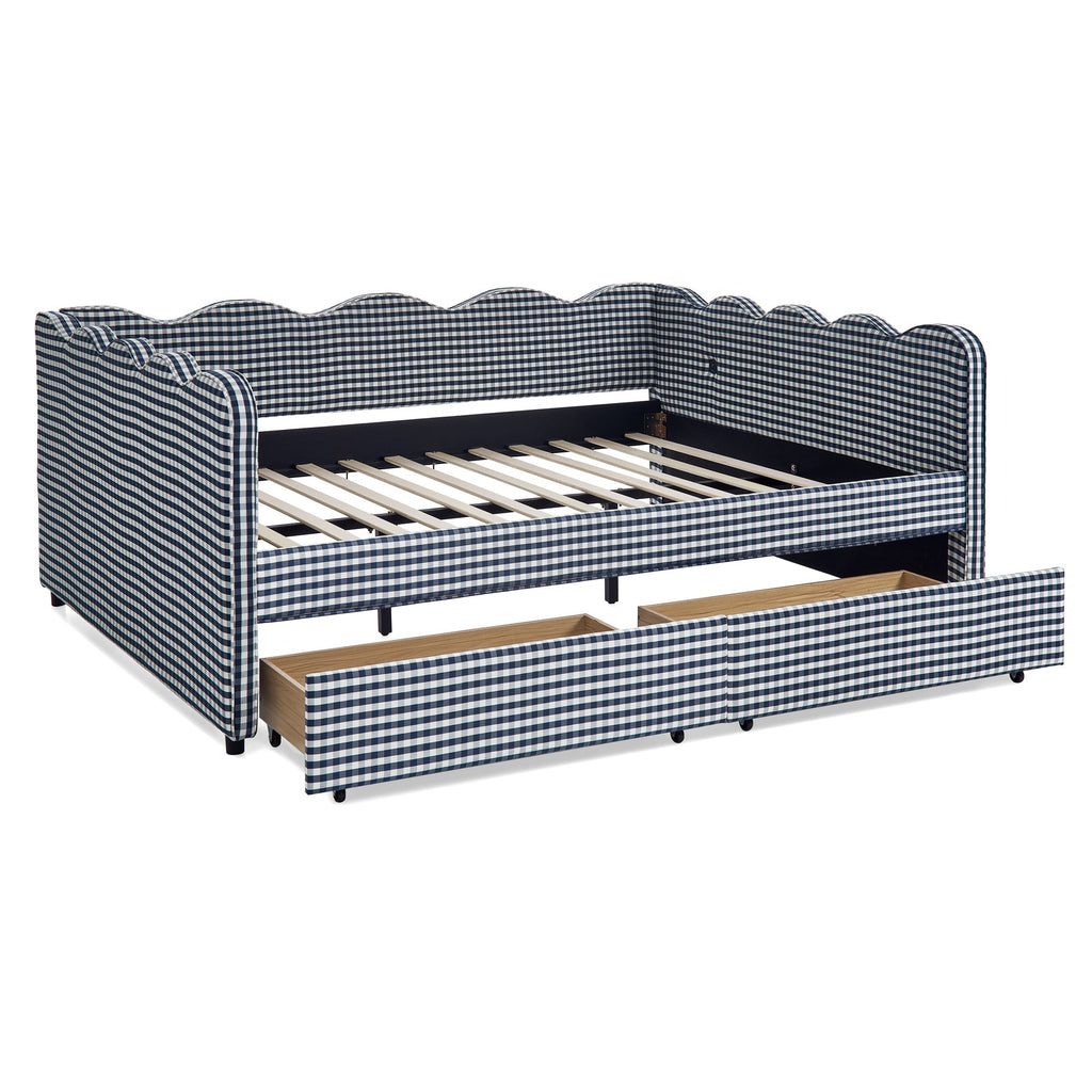 Queen Size Cozy Gingham Daybed with Two Storage Drawers and USB Port