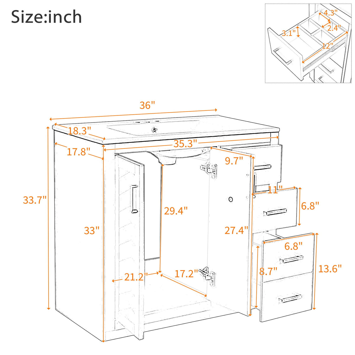 Bathroom Vanity With Sink, Storage Cabinet, Freestanding Set With 3 Drawers & Soft Closing Doors - Indigo