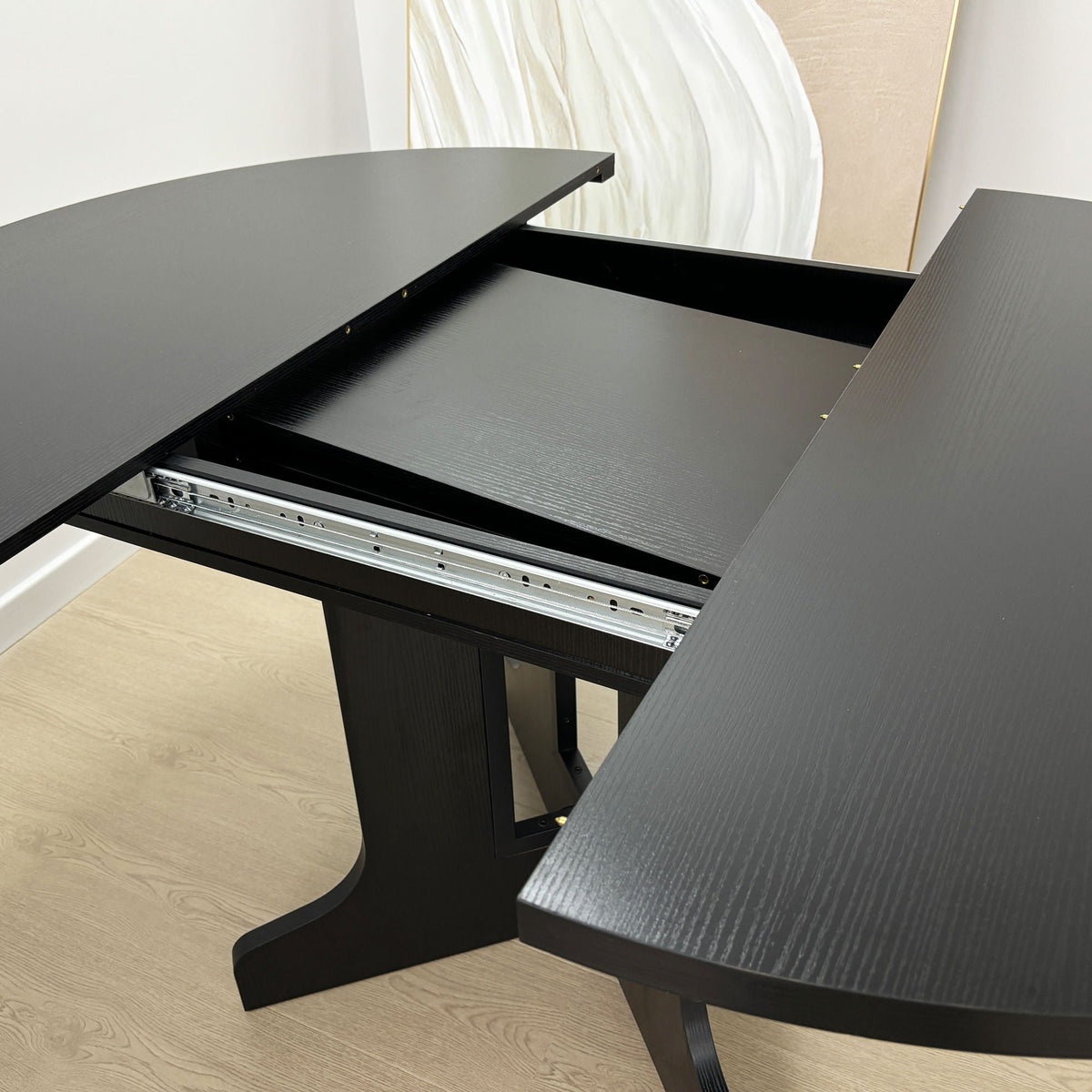 Dining Table For Farmhouse Kitchen Expandable Oval Table Top With Removable Leaf Trestle X Shaped Base - Black