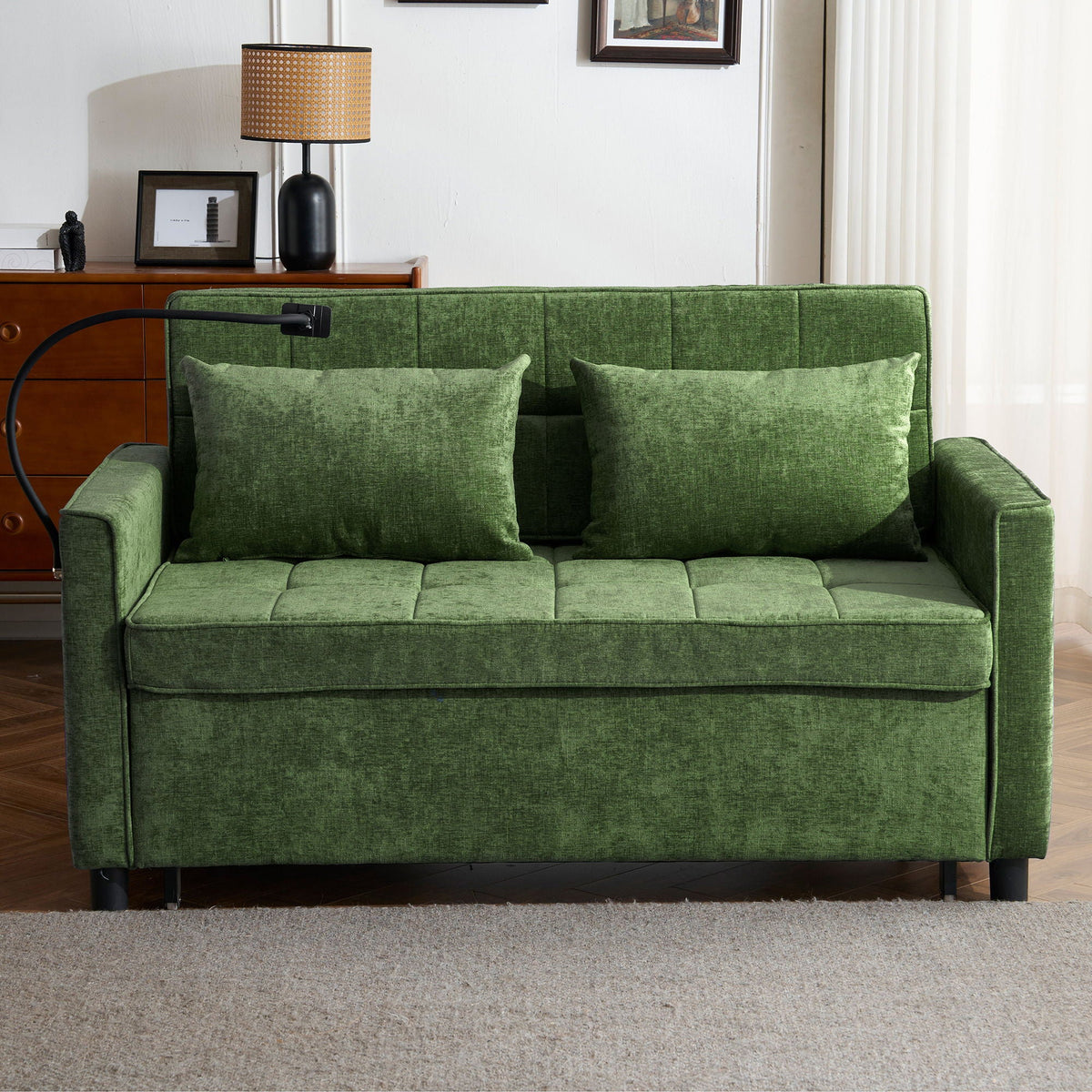 Loveseat Sofa Bed Sleeper With Reversible Backrest, Side Pockets, USB Ports, Phone Holder