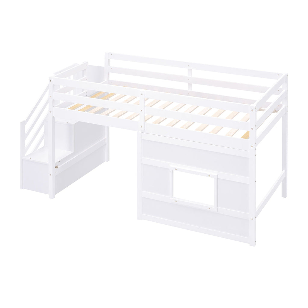 Loft Bed With Storage Staircase, Window & LED Light