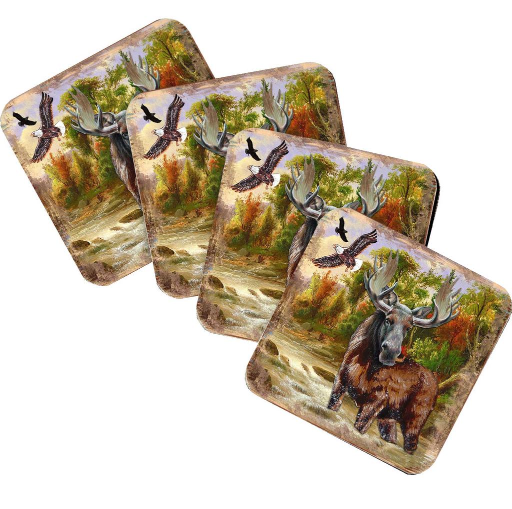 Moose Wooden Cork Coasters Gift Set of 4 by Nature Wonders - Nature Wildlife Decor  - 95216-2C-S4