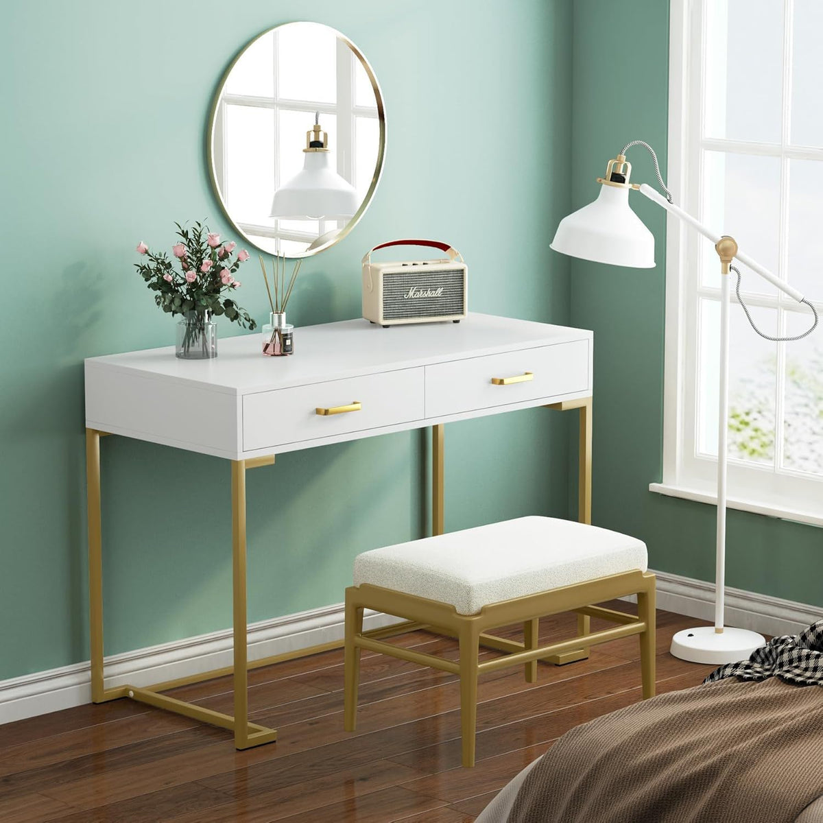 Minimalist Home Office Computer Desk With 2 Drawers, Compact Writing Table For Small Spaces - White / Gold