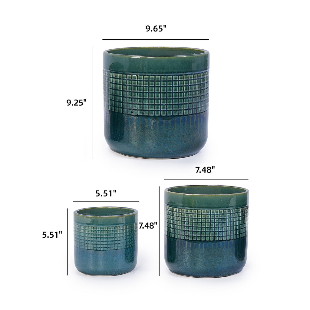 Set of 3 Grid Ceramic Flowerpot, Modern Planter for Patio, Garden, Windowsill - Blue Green