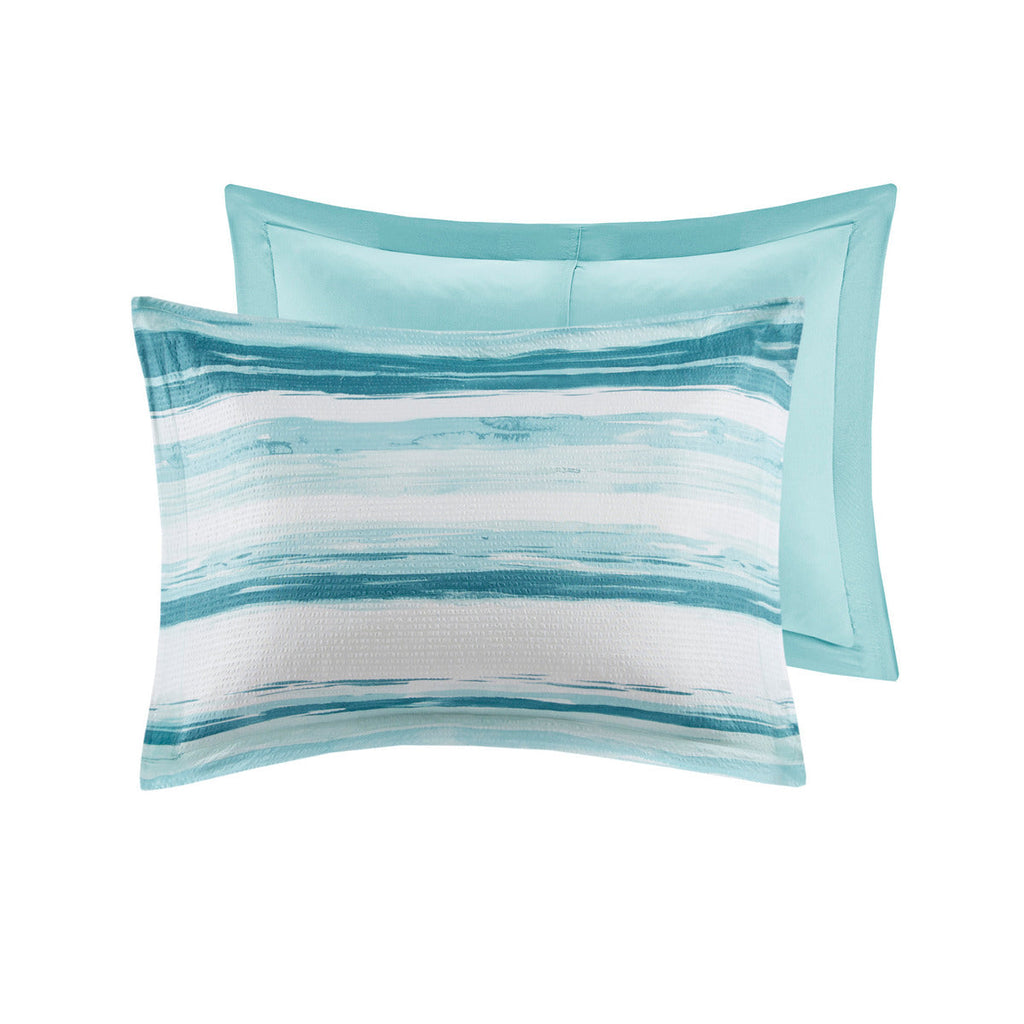 8 Piece Printed Seersucker Comforter and Quilt Set Collection Aqua Full/Queen