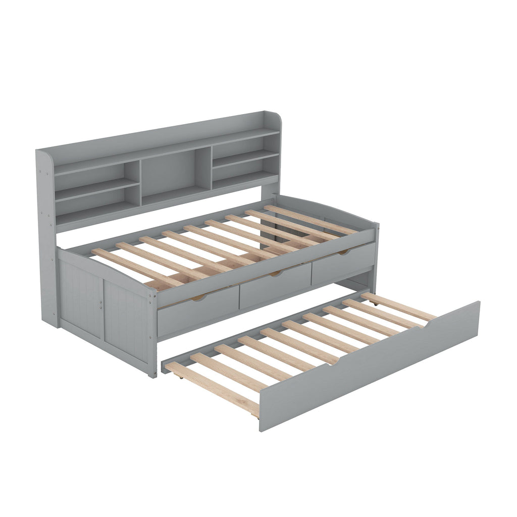 Captain Bed With Built In Bookshelves, 3 Storage Drawers, And Trundle