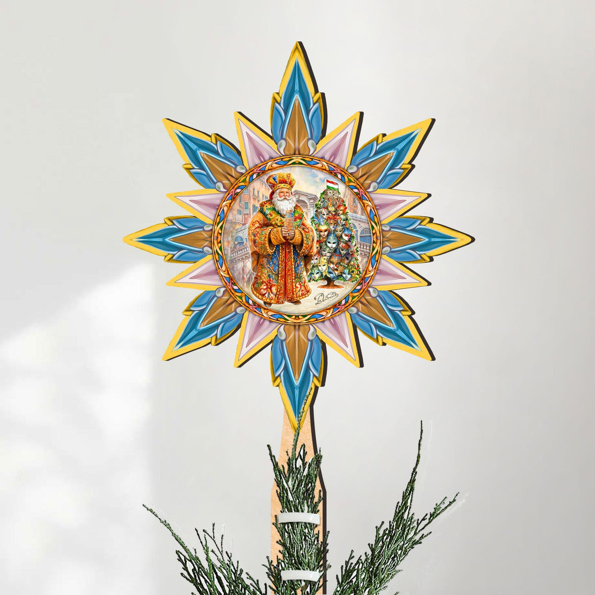 Italian-inspired Santa Tree Topper Wooden Decor by G. Debrekht  - Santa Snowman Decor - 89522