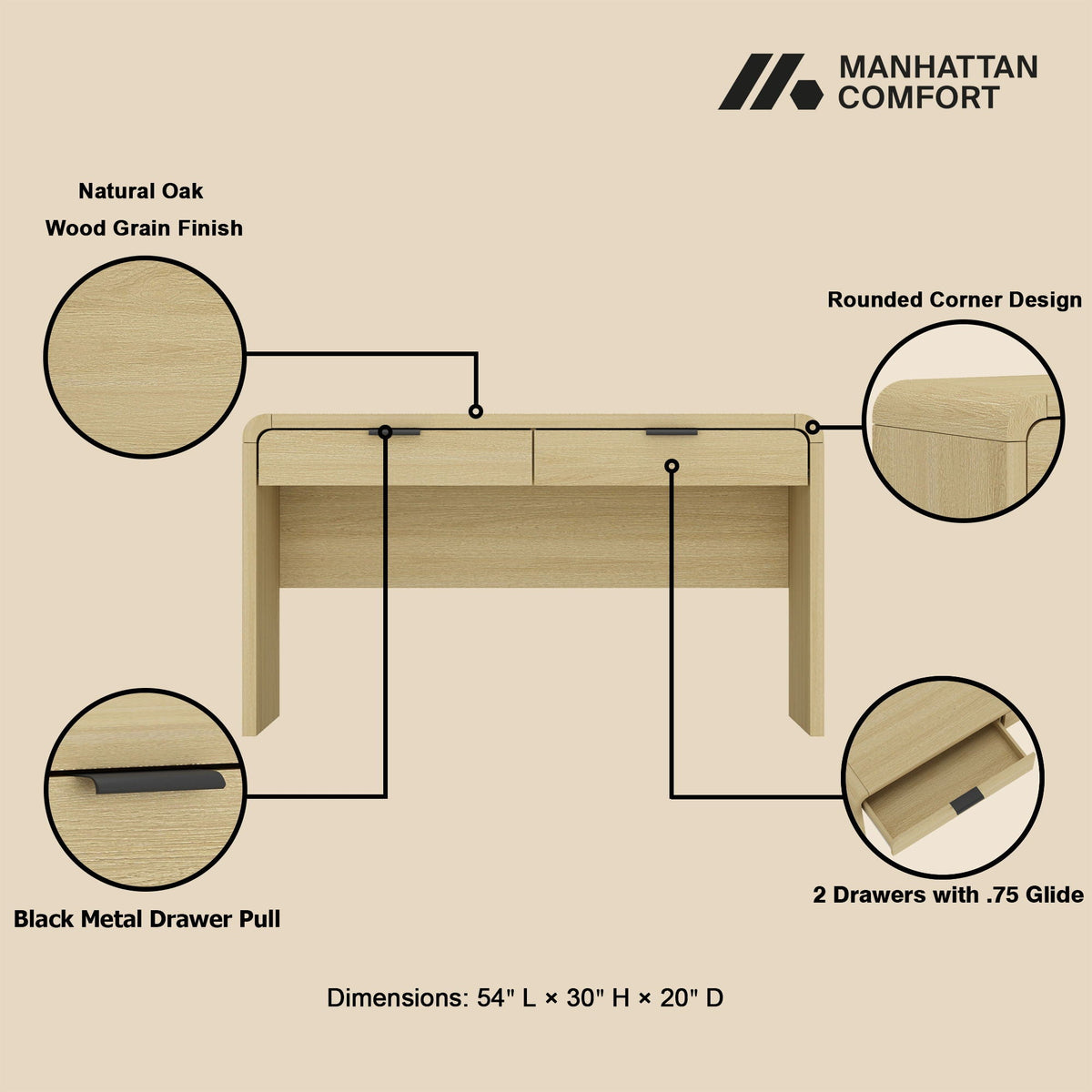 Grace - Office Desk & 2 Drawers - Oak