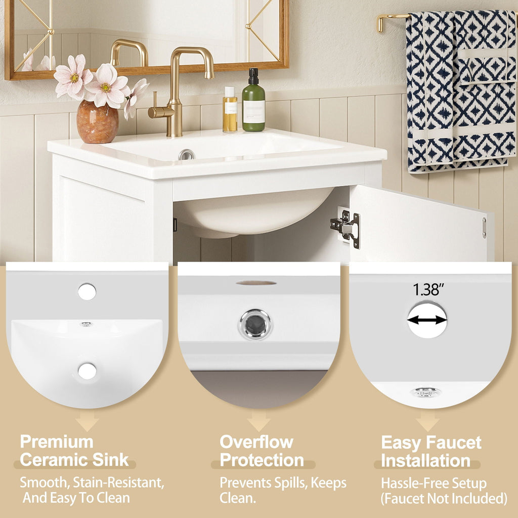 Bathroom Vanity With Ceramic Sink, Soft Close Drawers, Door Organizer, Divider Drawer, Adjustable Foot Pads