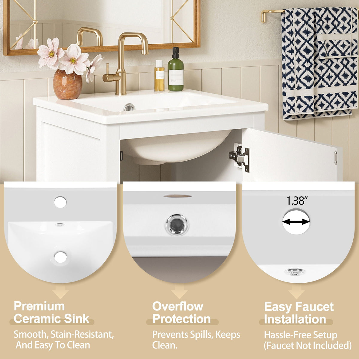 Bathroom Vanity With Ceramic Sink, Soft Close Drawers, Door Organizer, Divider Drawer, Adjustable Foot Pads