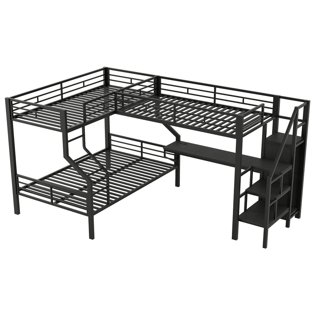Twin Over Full L Shaped Bunk & Loft Bed With Built-In Wardrobe, Desk, And USB Ports - Black