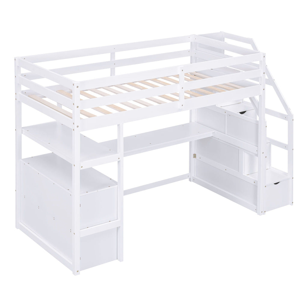Loft Bed With Desk, Shelves, 2 Drawers, Storage Staircase