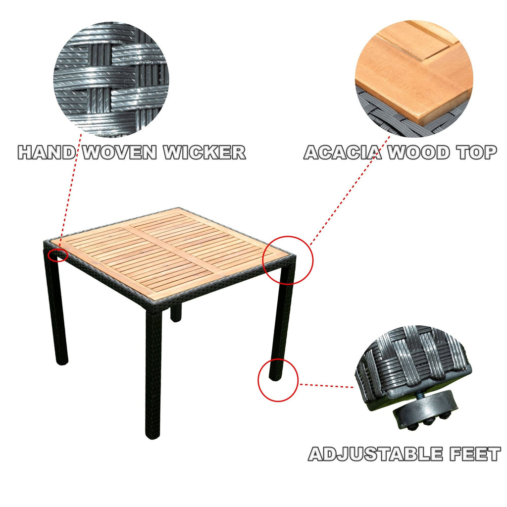 Outdoor Patio Wicker Dining Set With Acacia Wood Top