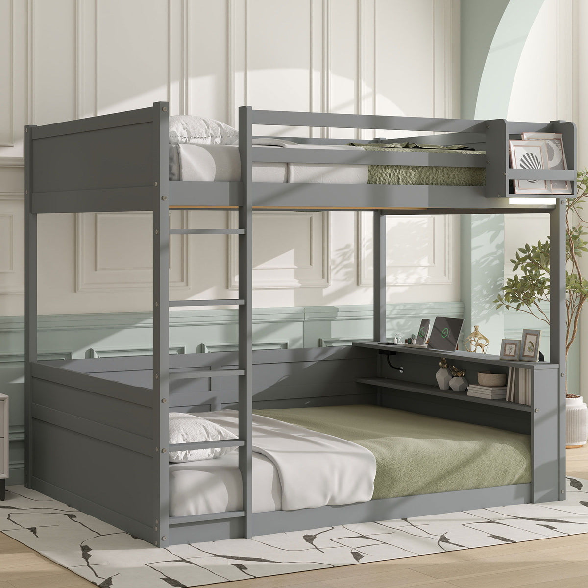 Bunk Bed With Built In Shelves, Storage Box, LED Light And USB Charging Station