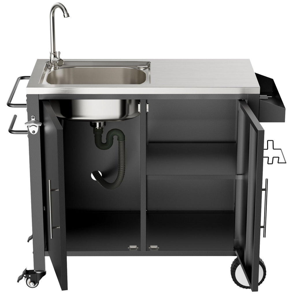 Outdoor Grill Cart With 304 Stainless Steel Sink And Cabinet - Black / Silver