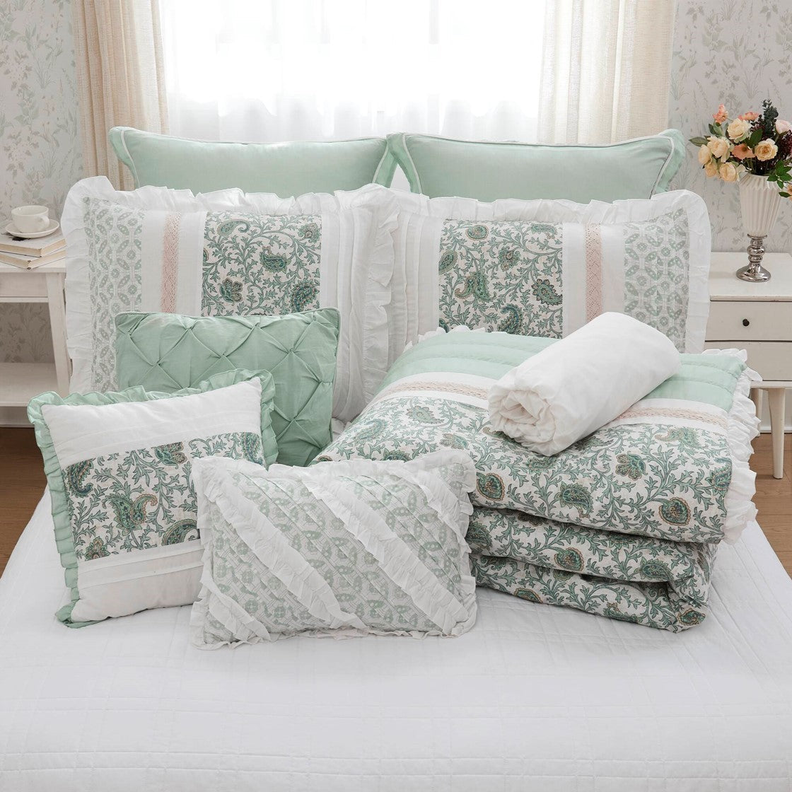 9 Piece Cotton Percale Comforter Set Aqua