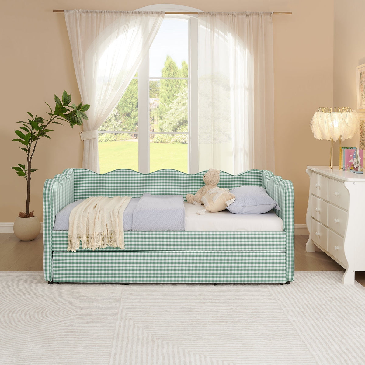 Cozy Gingham Daybed with Trundle Twin Size Sofa Bed No Box Spring Needed