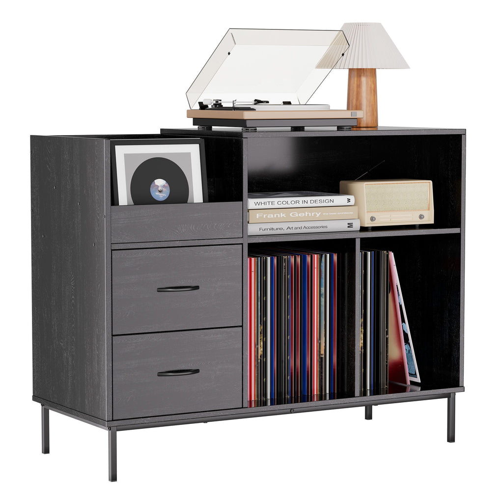 Grain Record Player Stand, Media Console With Speaker Shelf & 2 Drawers