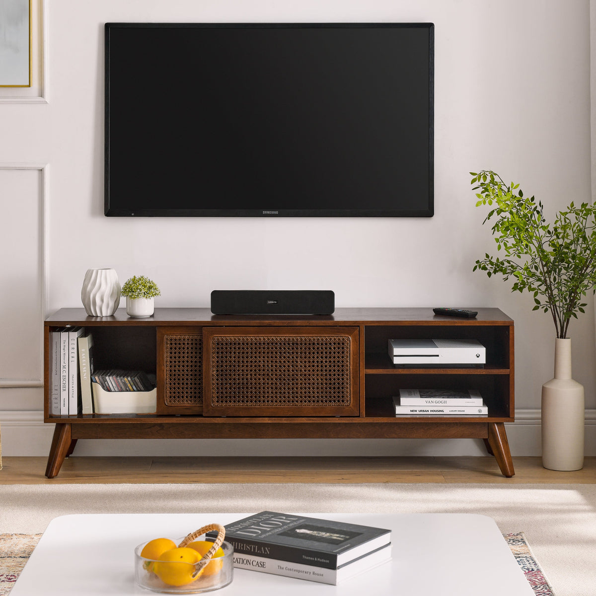 59 Inch Mid Century Modern Rattan TV Stand for 65 Inch TV