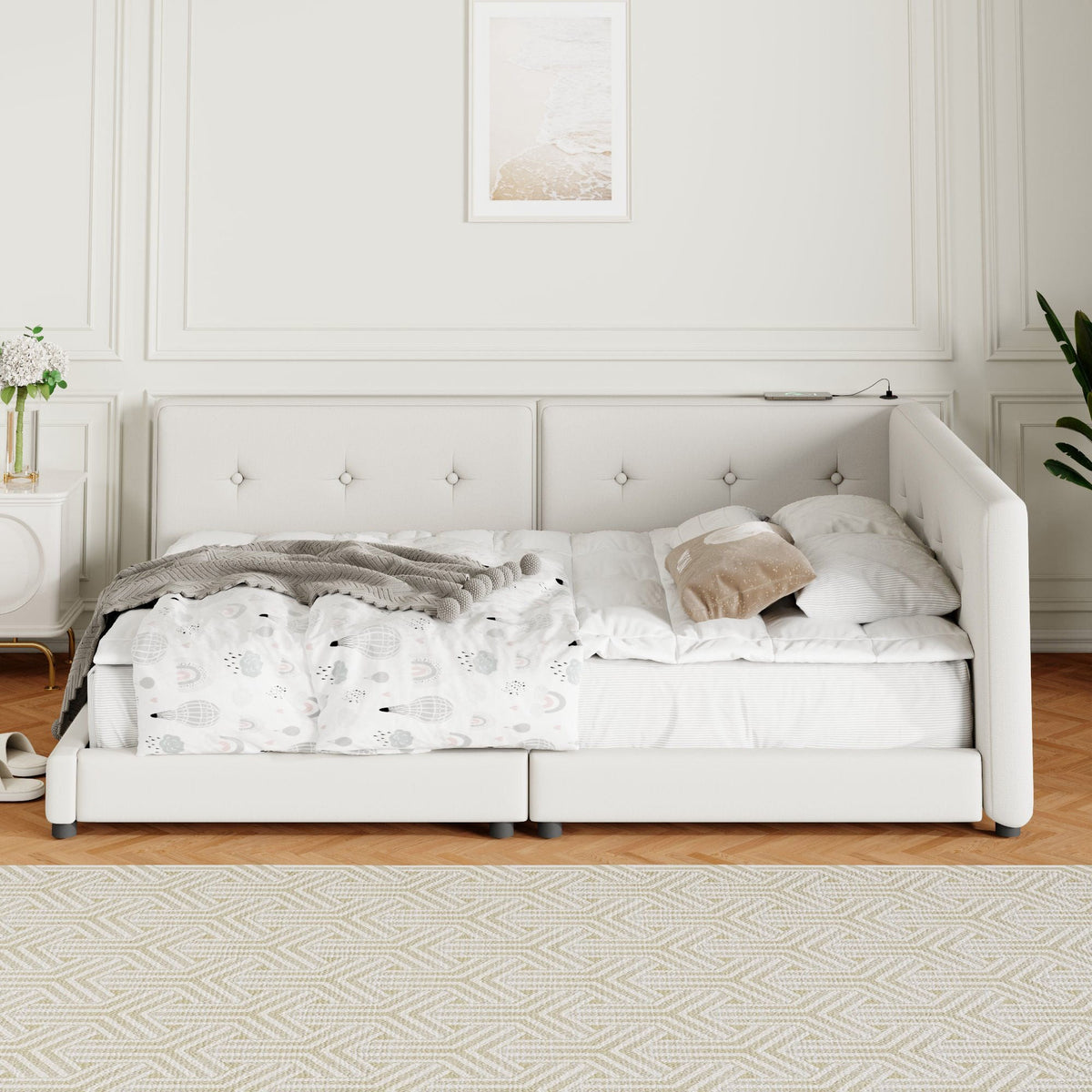Modern Upholstered Platform Bed With USB Ports And LED Belt