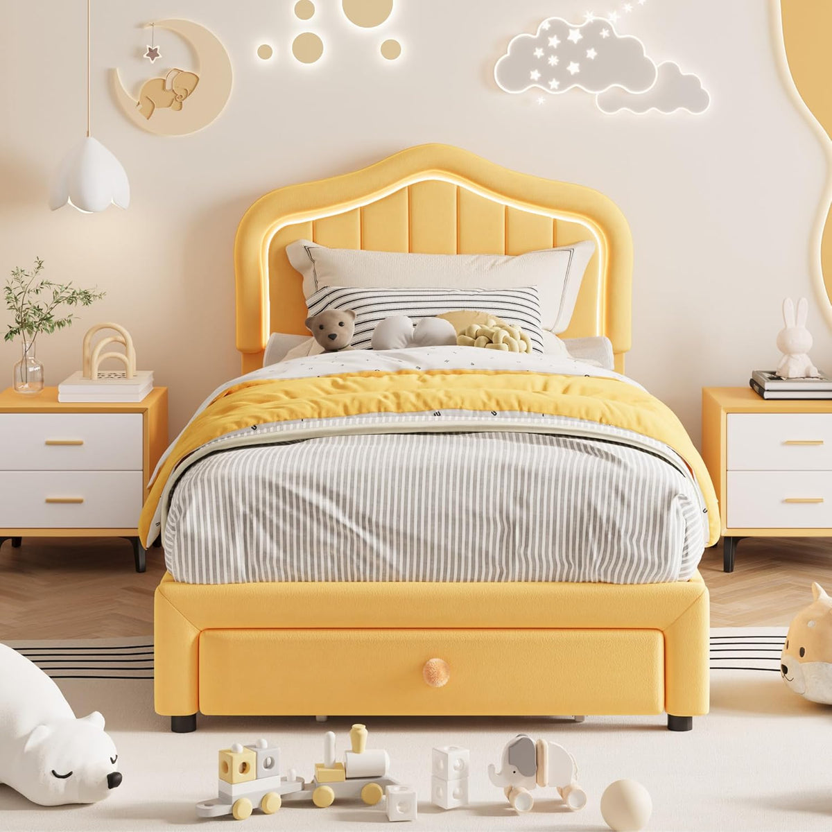 Twin Upholstered Bed Frame with Storage Drawer and Smart Led Headboard, Twin Size Platform Bed Frames for Kids, Wooden Slats Support, No Box Spring Needed, Easy Assembly, Yellow