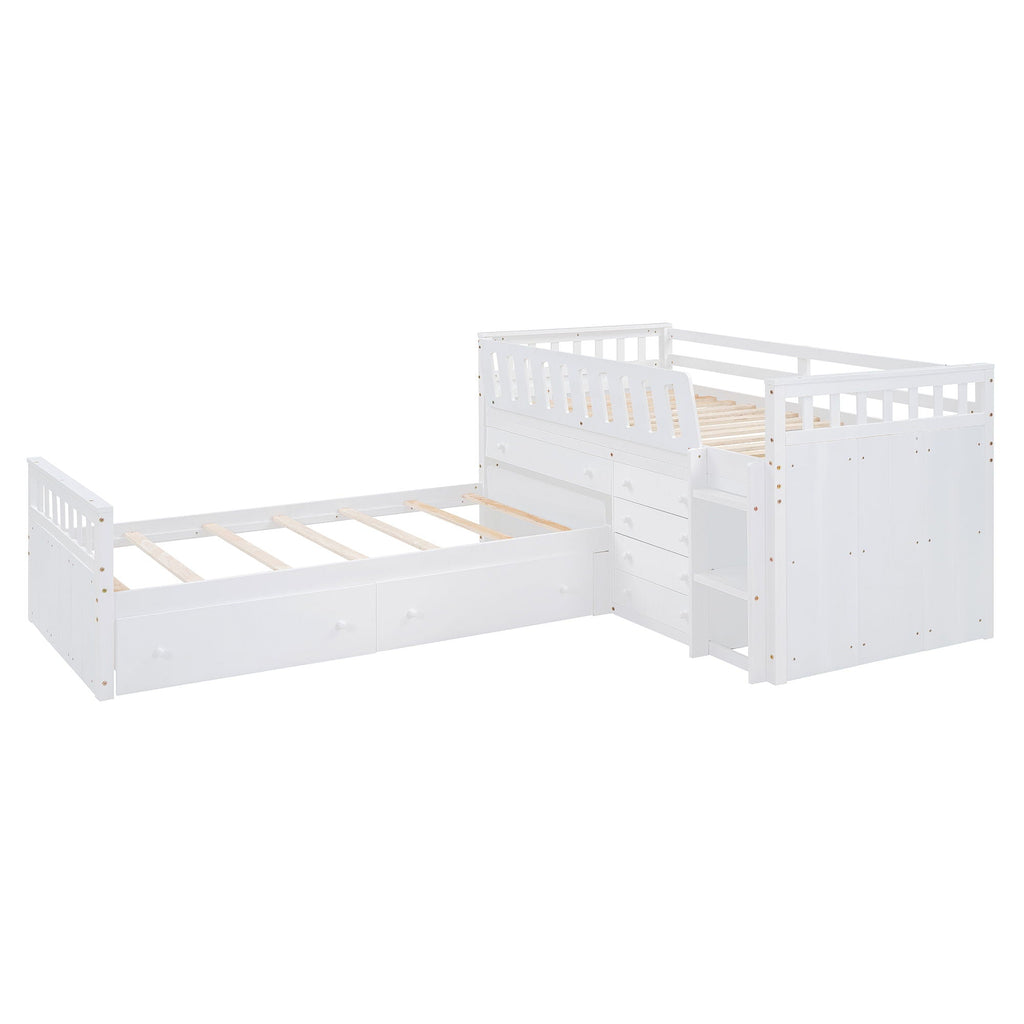 Loft Platform Bed With 7 Drawers And Full Guardrails, Modern L Shaped Space Savin