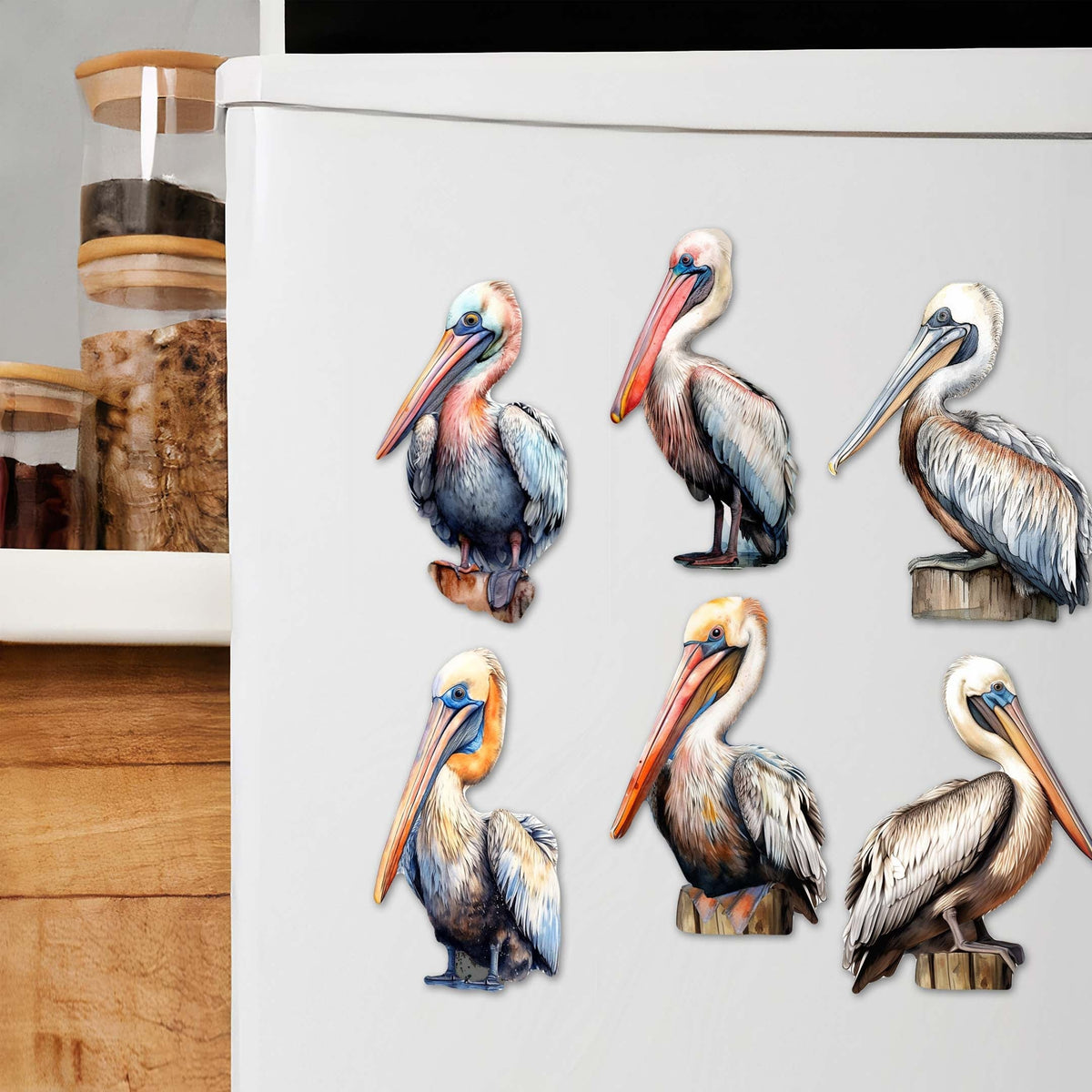 Pelicans Decorative Eco Wood Magnets Set of 6 by G. Debrekht - Coastal Decor - 8090014G-S6