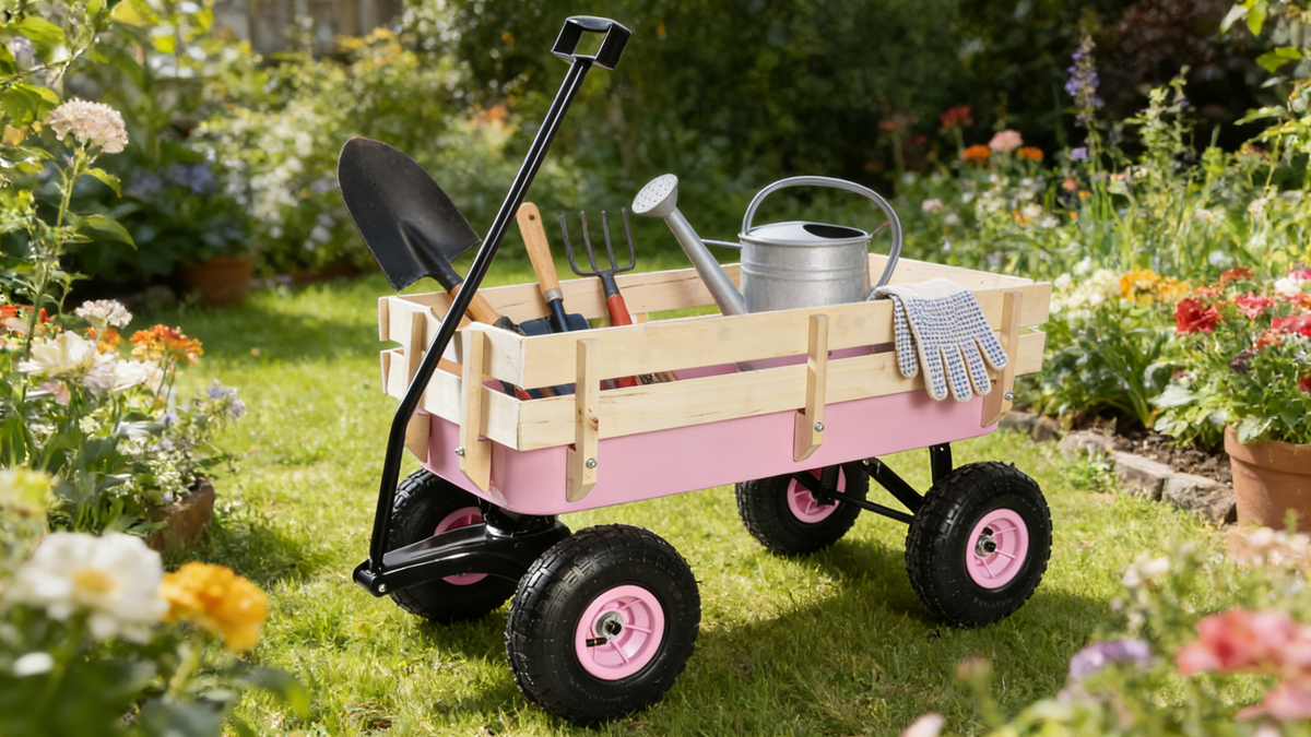 Outdoor All Terrain Garden Wagon with Wooden Railings and Pneumatic Tires