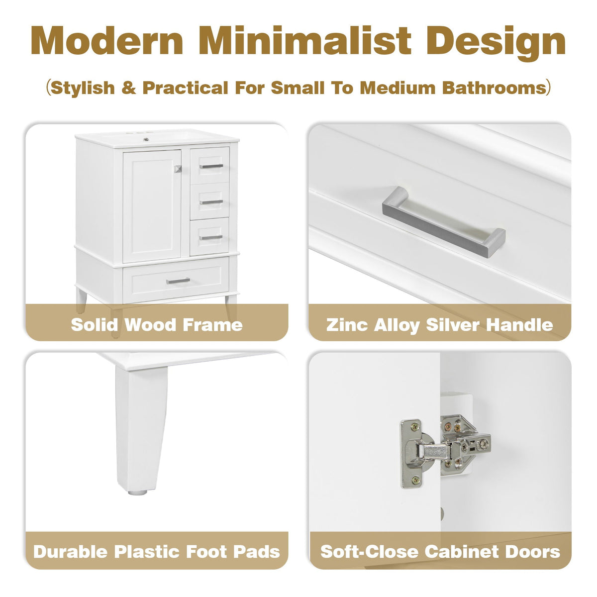 Bathroom Vanity, Modern Bathroom Cabinet With Sink Combo Set, Bathroom Storage Cabinet With A Soft Closing Door And 3 Drawers, Solid Wood Frame