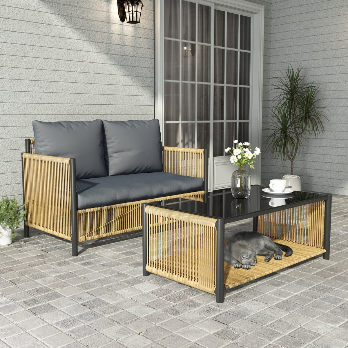 Patio 6-Piece Brown PE Wicker Sofa Set with Grey Cushions
