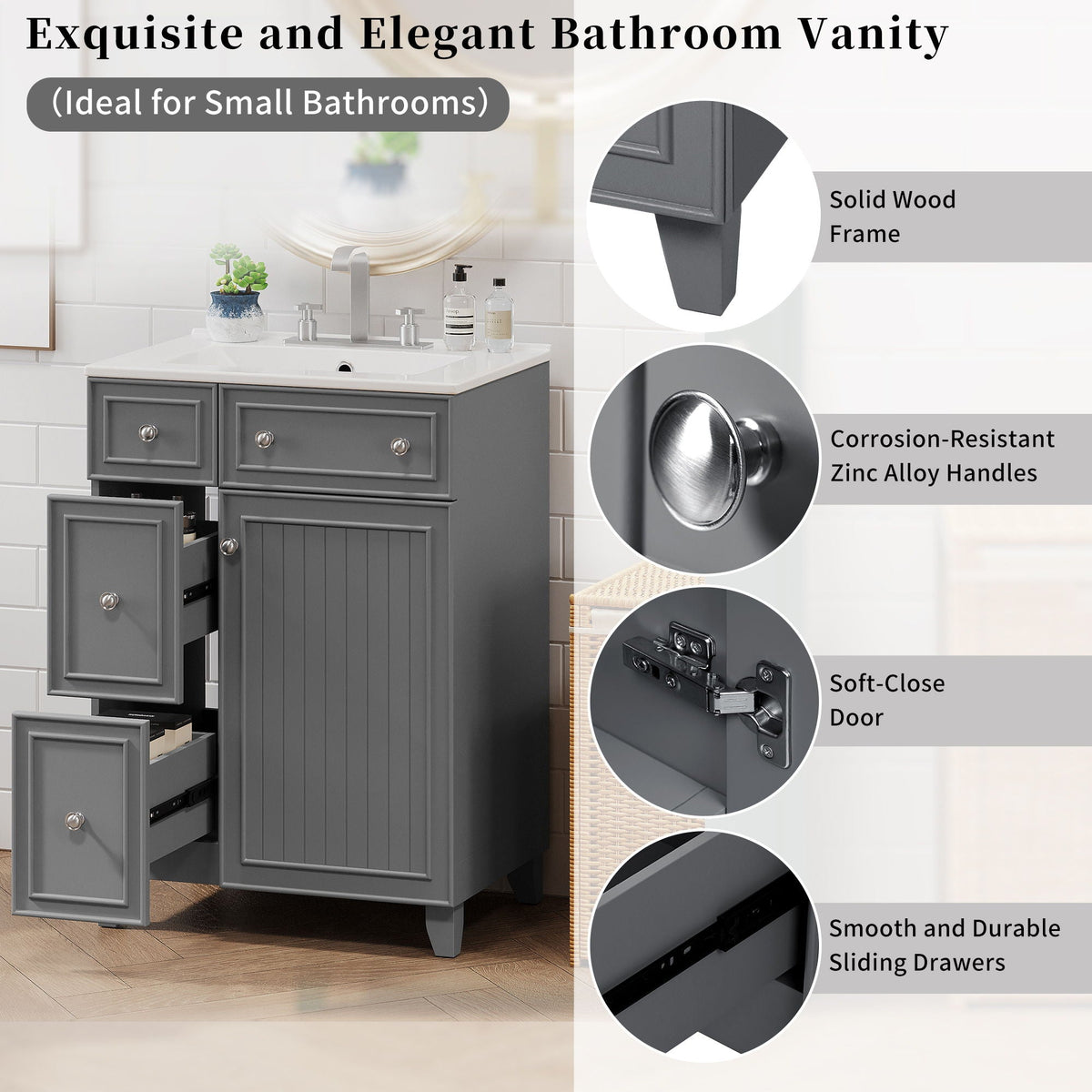 Transitional Style Bathroom Vanity Cabinet With Ceramic Sink