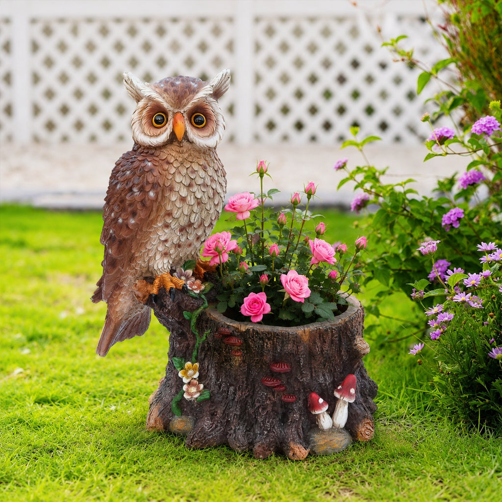 Sitting Owl with Tree Trunk Garden Planter