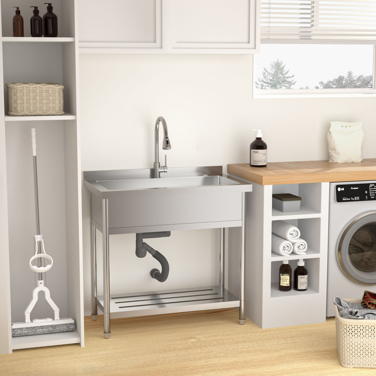 Stainless Steel Freestanding Utility Sink with Pull-Out Faucet