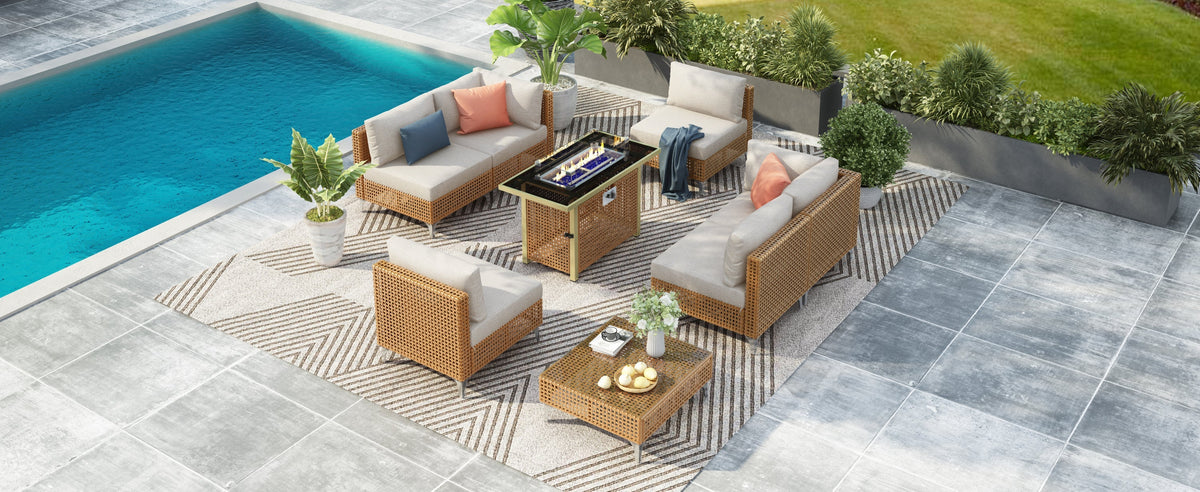 K&K 8-Piece Patio Furniture Set with Fire Pit Table