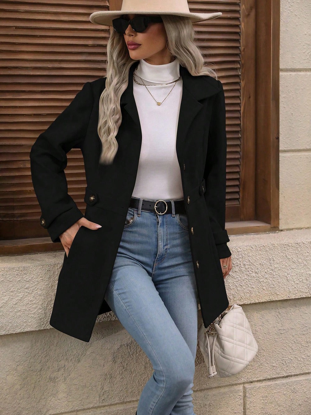Elegant Single-breasted Woolen Coat Buttons Lapel Mid-length Jacket Temperament Commuter Outwear Clothing For Women