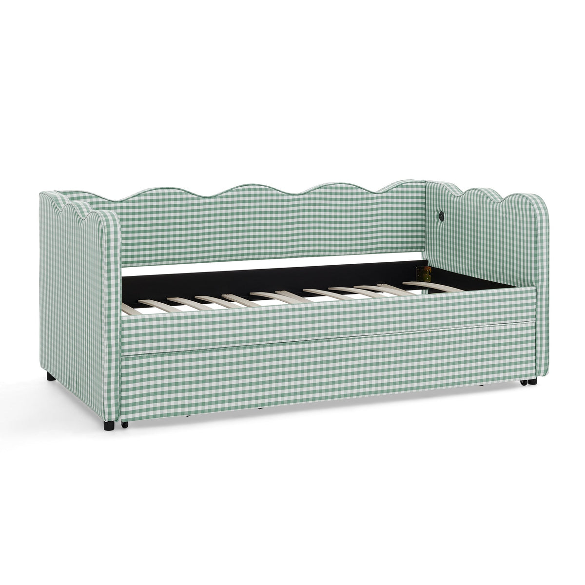 Cozy Gingham Daybed with Trundle Twin Size Sofa Bed No Box Spring Needed