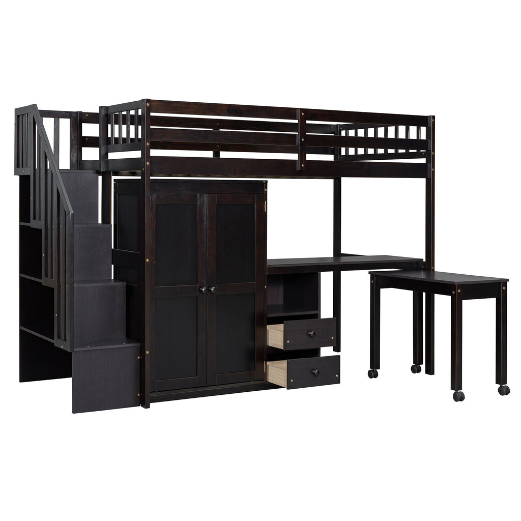 Loft Bed With Stairs, Bookshelf, Drawers, Desk & Wardrobe, Space Saving Multifunctional Furniture