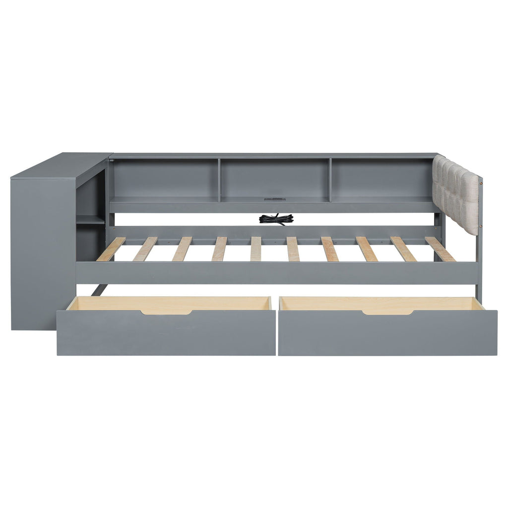 Upholstered Headboard Platform Bed With Storage Shelves, Drawers, Charging Station