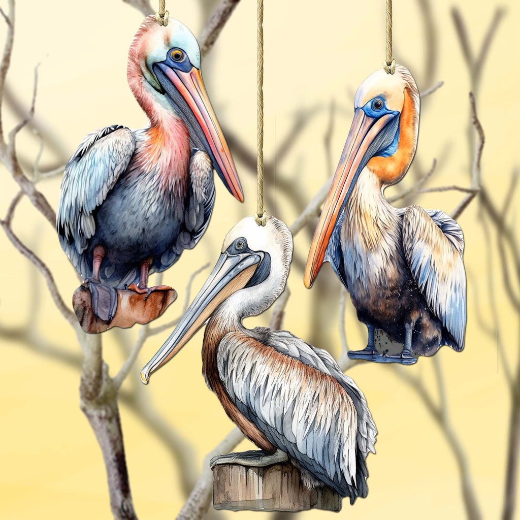 Pelicans Decorative Wooden Ornaments of 3 by G. Debrekht - Coastal Decor - 8091014-S3