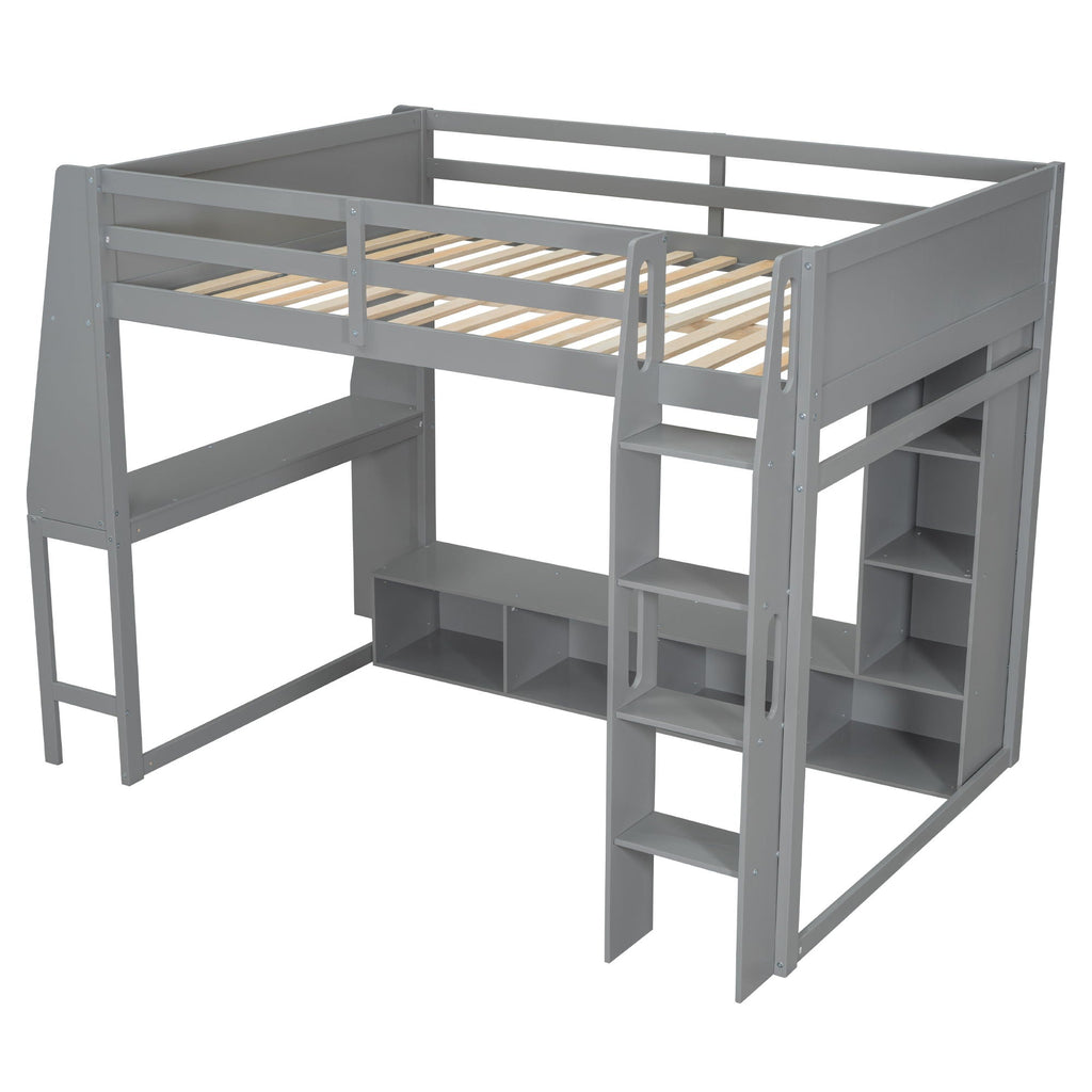 Gaming Loft Bed With Desk, Multi Storage Shelves, LED Lighting, And Hanging Clothes Rack