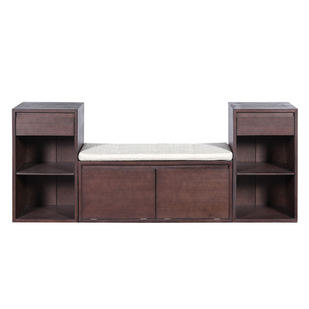Entryway Storage Bench With Cushion, Drawers & Open Shelves