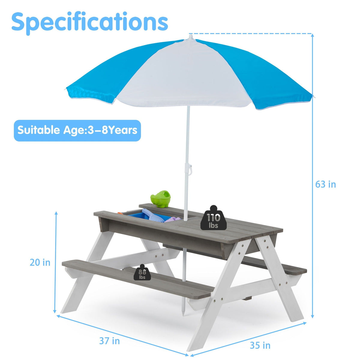3-In-1 Kids Outdoor Wooden Picnic Table With Umbrella