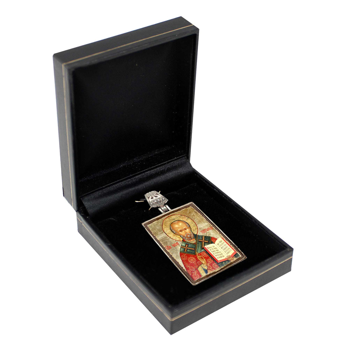 Saint Nick Religious Jewelry Silver Plated Necklace, Gold-Plated Wooden Cabochon - Christian Sacred Icon - Inspirational Icon Decor - 43021R